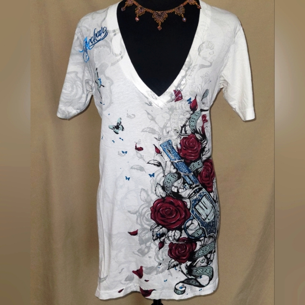 White V-Neck T-Shirt with Red Rose Design